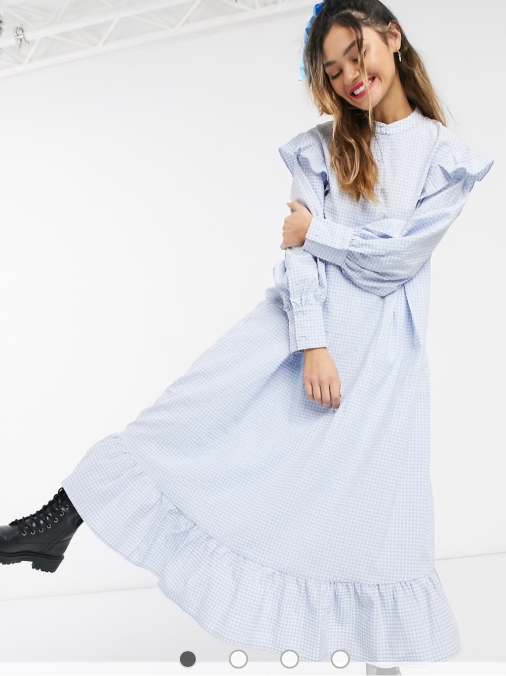 LITTLE SUNNY CHICKS Light Blue Gingham Ruffle Long Sleeve Maxi Dress in Size M